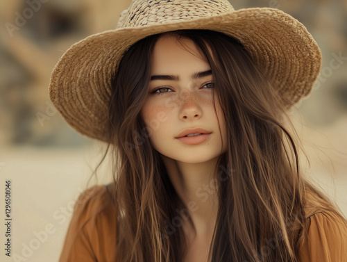 Beautiful young woman wearing straw hat and enjoying summer sun