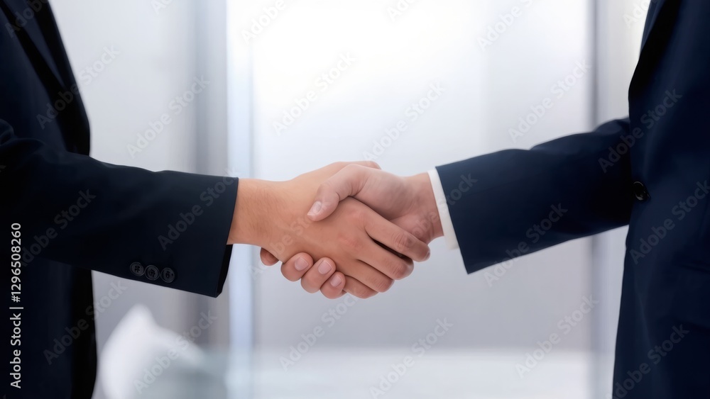 The image shows a close-up of a handshake between two individuals wearing dark business suits, symbolizing agreement, partnership, or a successful deal. The background is blurred, focusing attention The image shows a close-up of a handshake between two individuals wearing dark business suits, symbolizing agreement, partnership, or a successful deal. The background is blurred, focusing attention