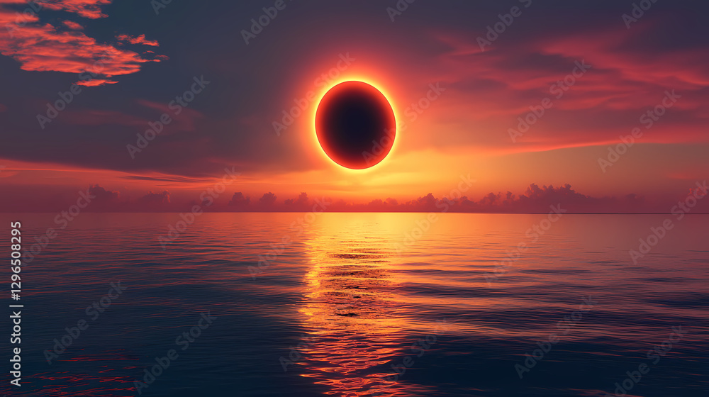 Annular solar eclipse over calm ocean at sunset. Eclipsed Sun Over Ocean. Illustration Annular solar eclipse over calm ocean at sunset. Eclipsed Sun Over Ocean. Illustration