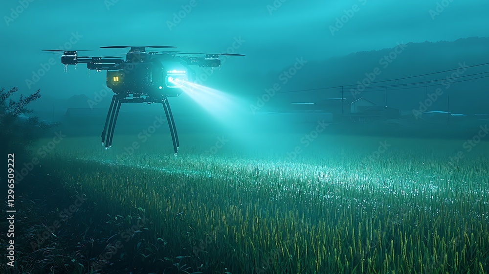 Fototapeta premium Drone Hovering Over Misty Field at Night, A drone with bright lights hovers over a misty field at night