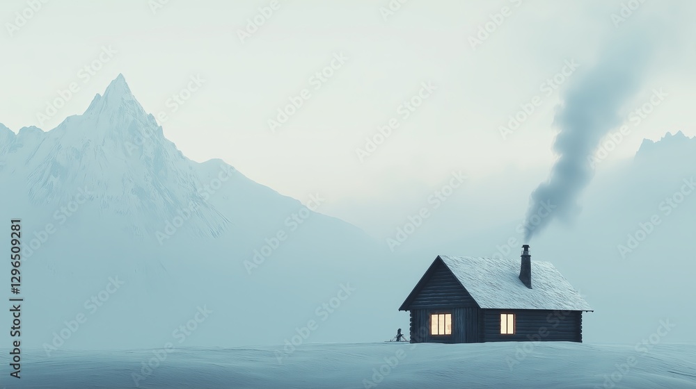 Fototapeta premium A minimal winter scene with a single cabin and chimney smoke