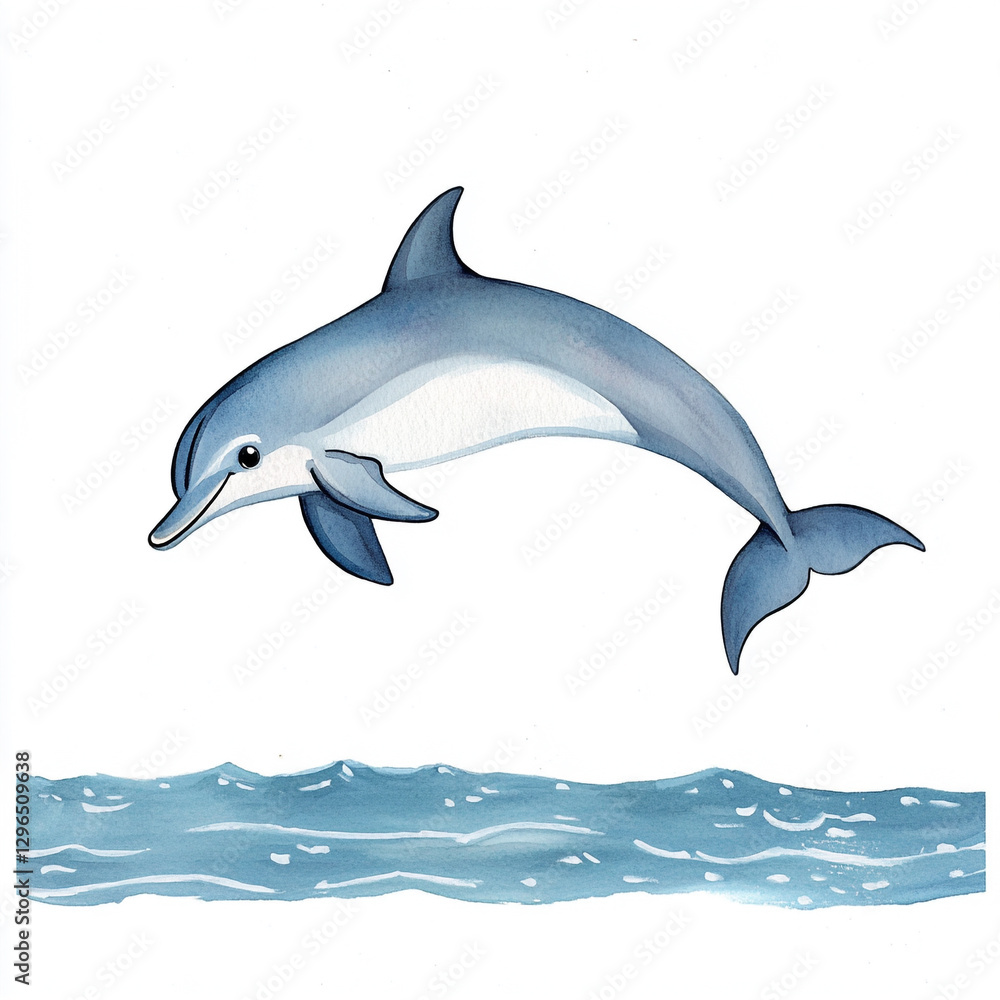 Fototapeta premium Playful Dolphin Leaping Out of the Ocean in a Minimalist Style Capturing the Joy and Freedom of Marine Life with a Splash of Water and a Clear Blue Sky in the Background