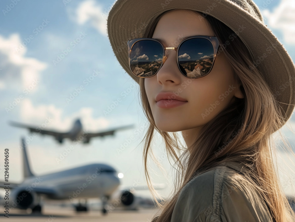 Stylish woman wearing sunglasses and hat watching airplane landing at airport Stylish woman wearing sunglasses and hat watching airplane landing at airport