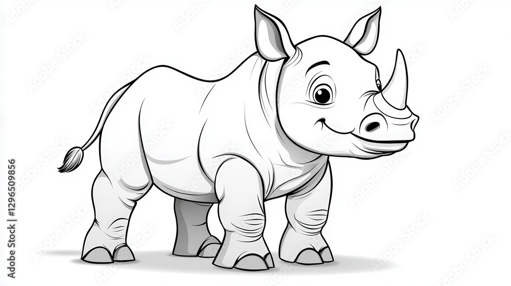 Fototapeta premium Cartoon Rhinoceros Illustration In Black And White