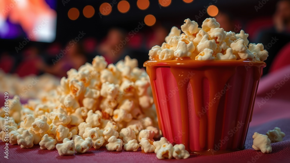 Freshly Popped Popcorn in a Vibrant Red Cup at the Movie Theater Freshly Popped Popcorn in a Vibrant Red Cup at the Movie Theater