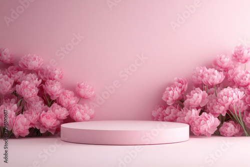 Pink Podium with Roses Backdrop and Copy Space
