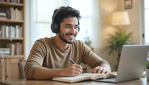 A positive Hispanic student man wearing headphones watches an online lecture while taking notes in a copybook, sitting at a home study table with open books.