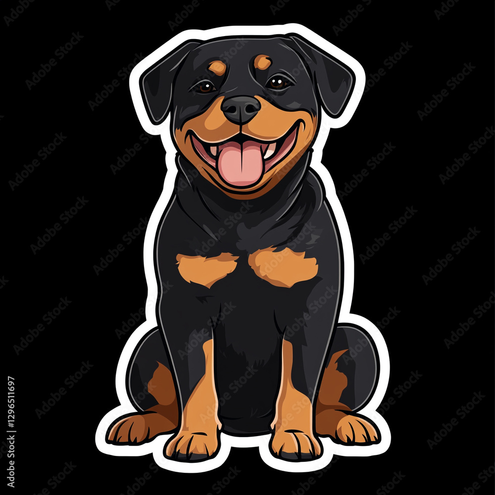 Fototapeta premium Happy Rottweiler Dog Sitting with Joyful Expression in 2D Illustration Perfect for Pet Lovers and Animal Enthusiasts Showcasing the Loyal and Playful Nature of This Beloved Breed