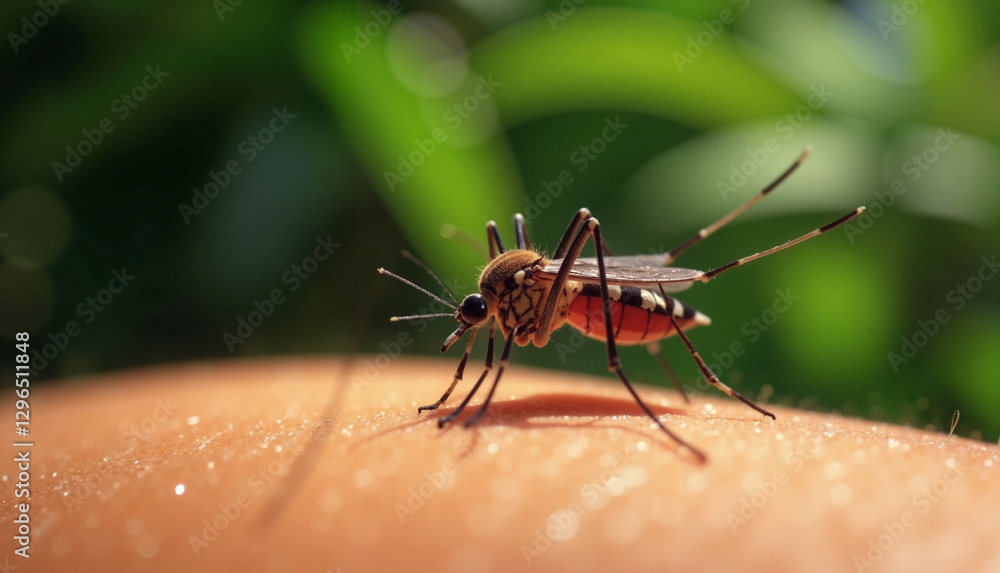 Fototapeta premium Mosquito feeding on skin with green blurred background