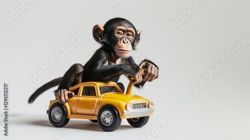 A mischievous monkey sitting on a toy car, gripping the steering wheel with a goofy grin, isolated on a bright white surface.
