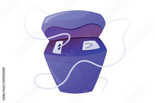 Dental floss in a purple container, bright cartoon vector illustration. Oral hygiene and dental care concept, isolated on white background.