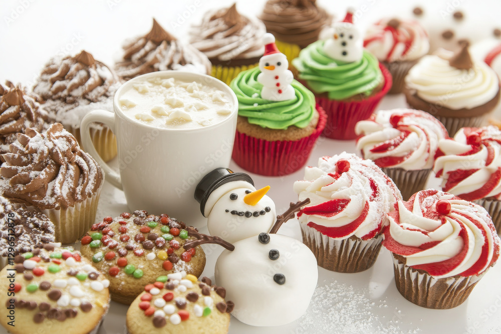 Assortment of Christmas Cookies, Cupcakes, and Hot Chocolate with Snowman Marshmallow, on isoleted white background Assortment of Christmas Cookies, Cupcakes, and Hot Chocolate with Snowman Marshmallow, on isoleted white background