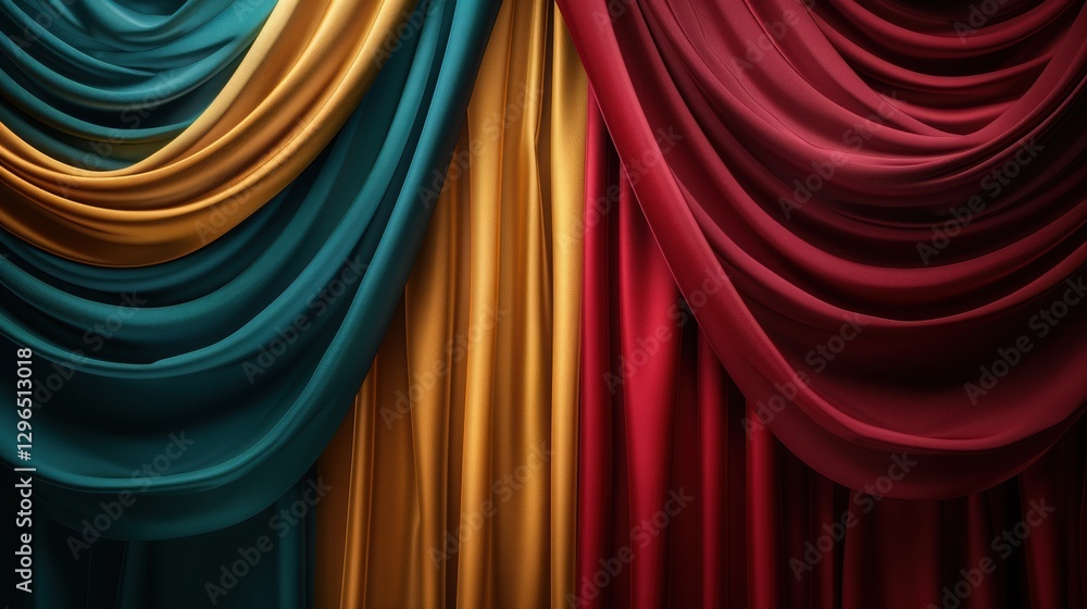 Fototapeta premium Luxurious Drapery with Rich Colors of Gold, Red and Teal Fabric