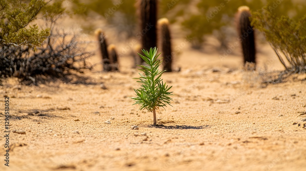 A resilient green sapling emerges from arid desert sand A resilient green sapling emerges from arid desert sand