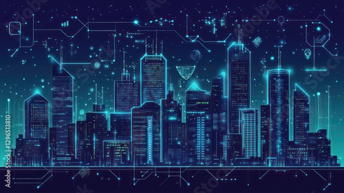 Wallpaper Mural Smart city skyline at night, digital network overlay Torontodigital.ca