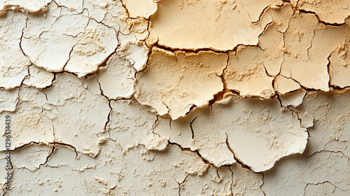 Cracked dry clay soil texture with beige and white tones. Environmental concept of drought, climate change, and desertification photo