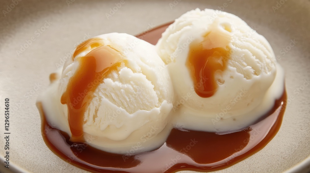 A beautifully plated ice cream dessert with caramel sauce drizzle, placed on a neutral-toned background. A beautifully plated ice cream dessert with caramel sauce drizzle, placed on a neutral-toned background.