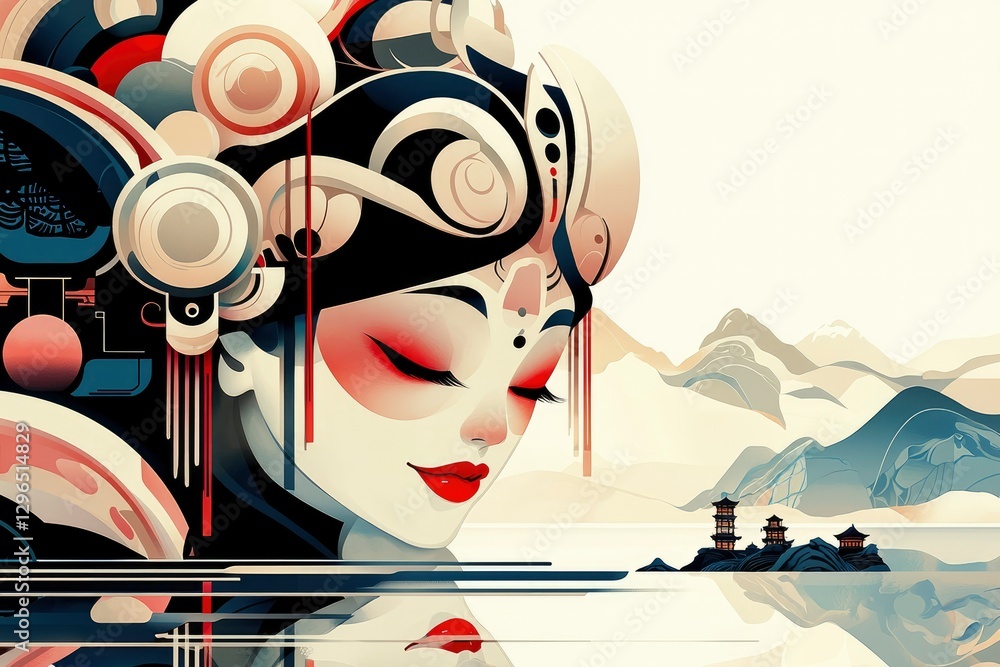 Obraz premium Serene Geisha in Futuristic Headdress with Asian Landscape