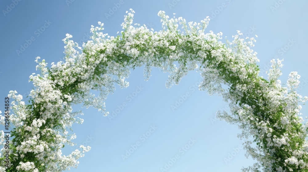 A beautiful wedding arch made of white flowers and greenery with a clear blue sky in the background, leaving room for design elements. A beautiful wedding arch made of white flowers and greenery with a clear blue sky in the background, leaving room for design elements.