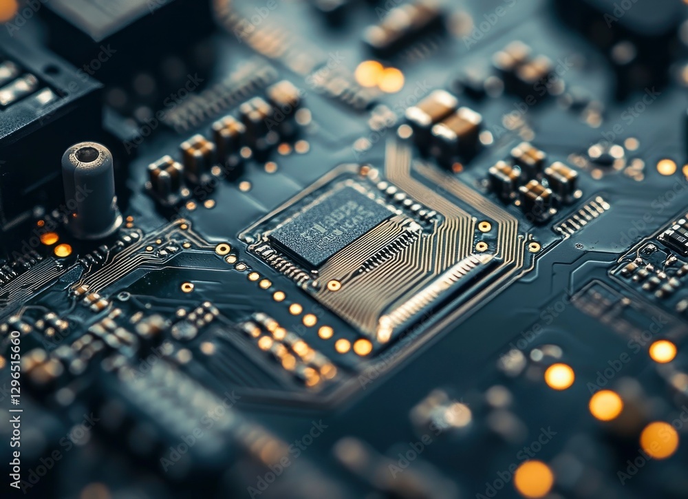 A close-up shot of the circuit board on an electronic device, showcasing intricate patterns and components. A close-up shot of the circuit board on an electronic device, showcasing intricate patterns and components.