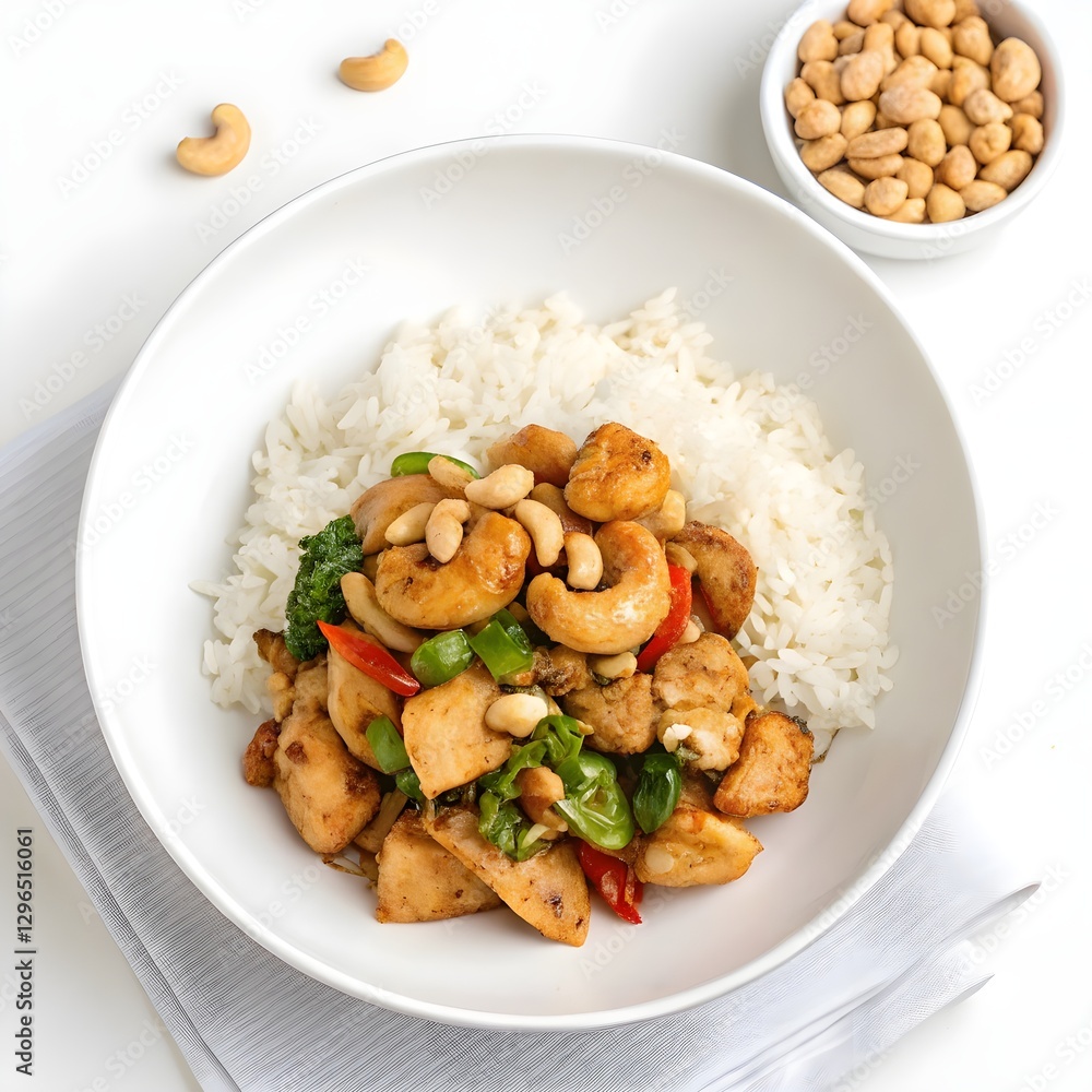 white plate of chicken sauted cashew nuts and rice on white background photo. white plate of chicken sauted cashew nuts and rice on white background photo.
