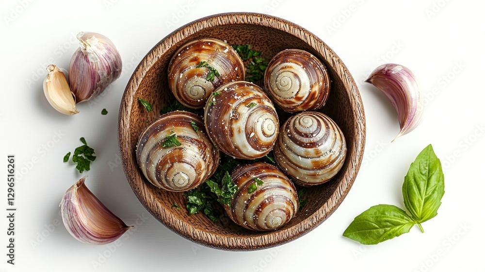 Obraz premium Prepared escargot in wooden bowl with garlic and herbs on white background