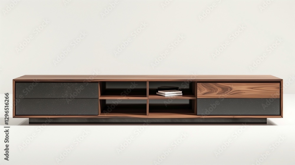 A modern TV stand with multiple storage compartments, placed neatly on a pure white background in stunning realism. A modern TV stand with multiple storage compartments, placed neatly on a pure white background in stunning realism.
