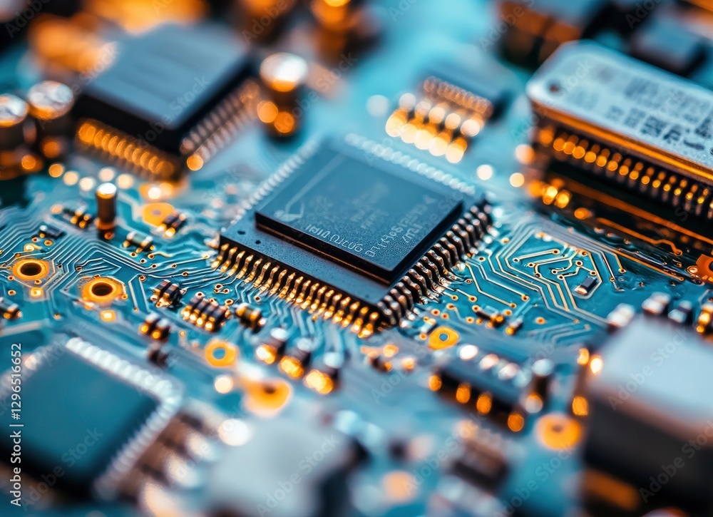 A close-up shot of the circuit board on an electronic device, showcasing intricate patterns and components. A close-up shot of the circuit board on an electronic device, showcasing intricate patterns and components.