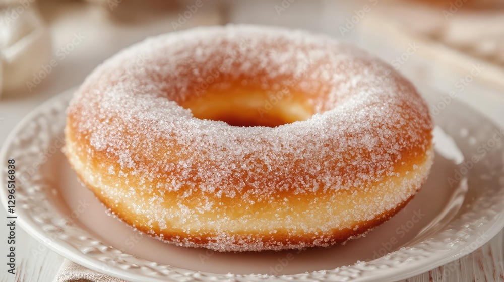 A close-up of a sugar-dusted donut on a white ceramic plate, warm and inviting tones with negative space. A close-up of a sugar-dusted donut on a white ceramic plate, warm and inviting tones with negative space.