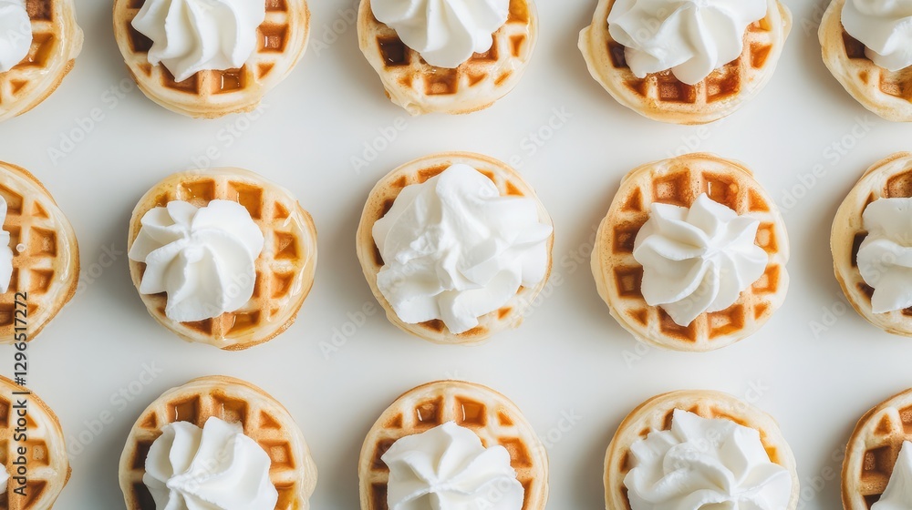 A close-up of waffles with whipped cream and syrup, soft shadows highlighting the textures on a neutral-colored surface. A close-up of waffles with whipped cream and syrup, soft shadows highlighting the textures on a neutral-colored surface.