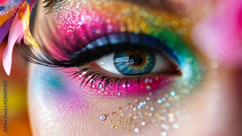 Beautiful close-up of colorful eye makeup and vibrant eyelashes