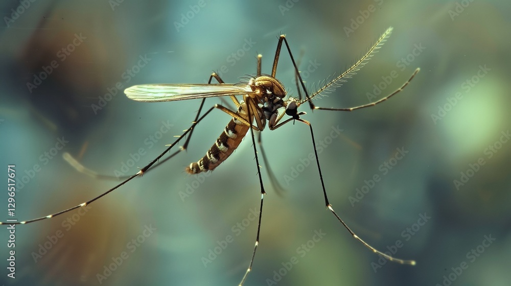 A mosquito hovering in the air, its delicate legs dangling as its translucent wings flutter rapidly. A mosquito hovering in the air, its delicate legs dangling as its translucent wings flutter rapidly.