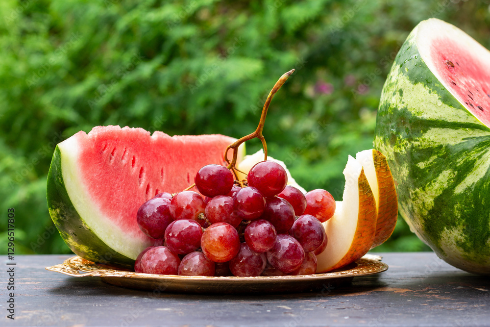 still life with red grapes, melon and watermelon on the table
