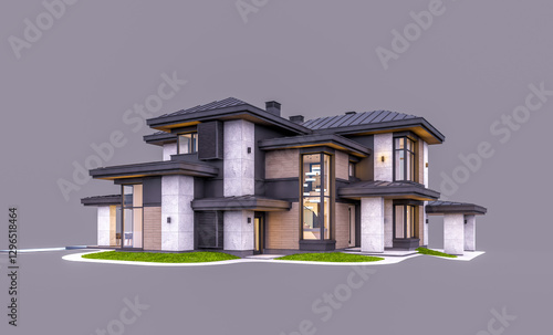 3d rendering of modern two story house with gray and wood accents, large windows, parking. In the evening Isolated on gray
