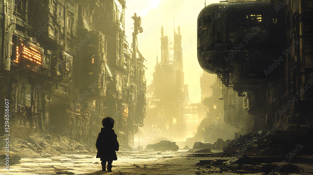 Fototapeta premium child walking through a silent mechanical city, the last human in a world abandoned by robots 