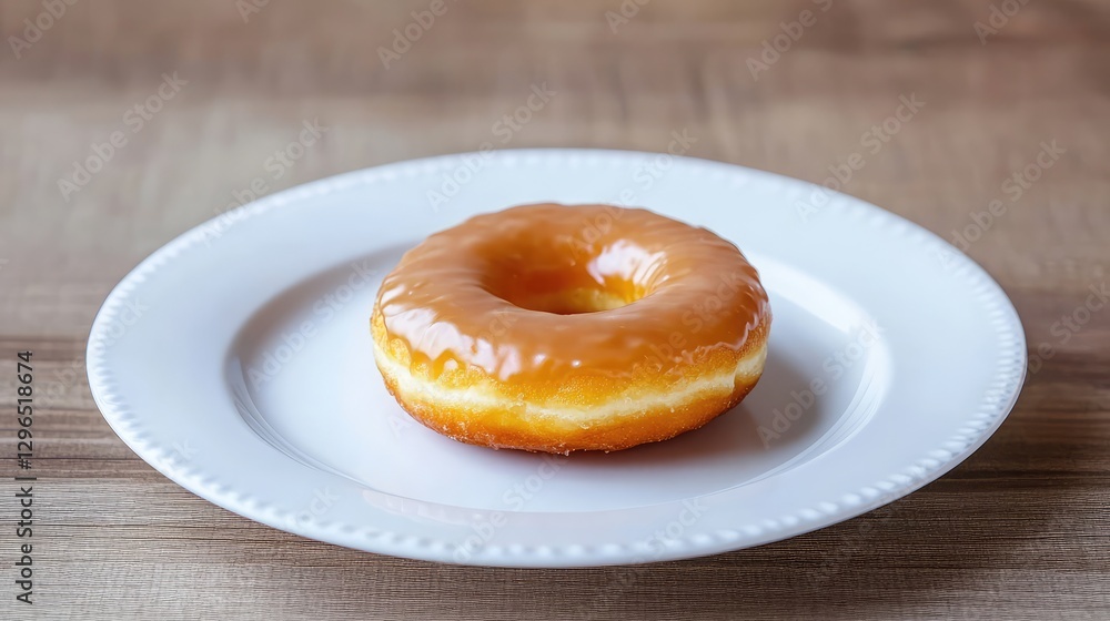 A donut with a shiny caramel glaze, placed on a white plate, elegant and clean composition with copy space. A donut with a shiny caramel glaze, placed on a white plate, elegant and clean composition with copy space.