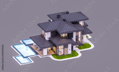 3d rendering of modern two story house with gray and wood accents, large windows, parking. In the evening Isolated on gray