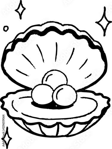 whimsical illustration of open oyster with pearl inside, sparkling with joy