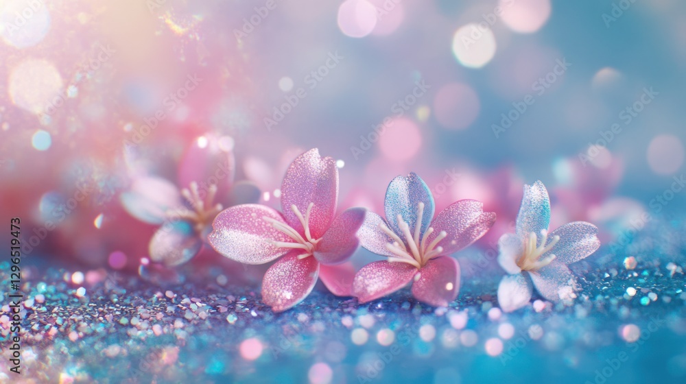 Pink flowers glitter spring bokeh background, card design Pink flowers glitter spring bokeh background, card design
