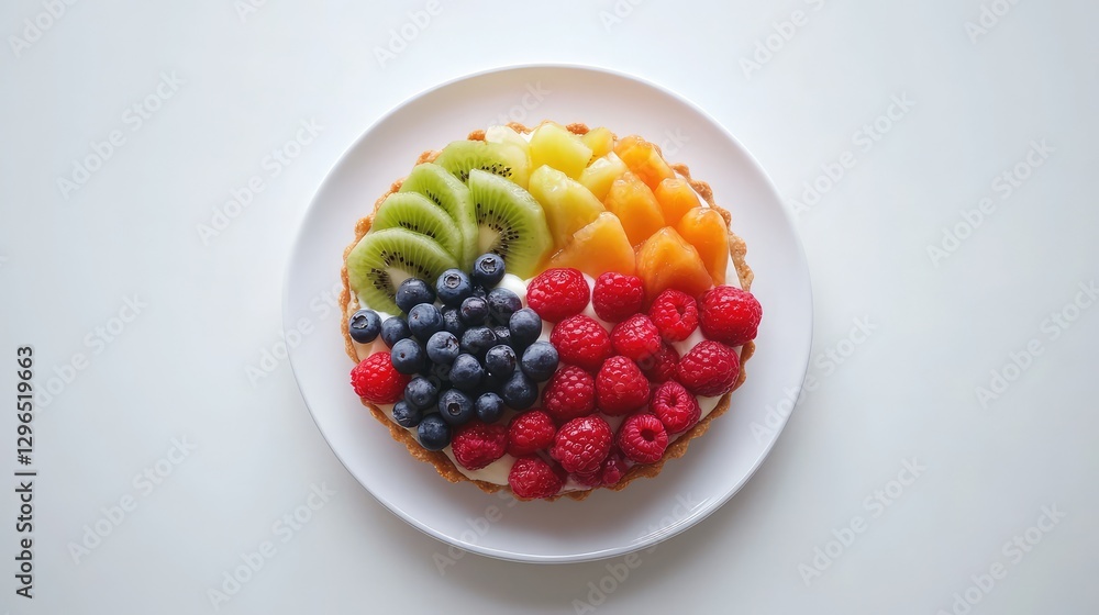 A fresh fruit tart with a perfect arrangement of berries, kiwi, and a delicate custard filling, placed on a clean white plate with negative space. A fresh fruit tart with a perfect arrangement of berries, kiwi, and a delicate custard filling, placed on a clean white plate with negative space.