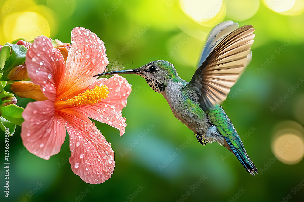 Naklejka premium stunning close up of hummingbird hovering near vibrant pink flower, showcasing its iridescent feathers and delicate features. scene captures beauty of nature and intricate details of bird and