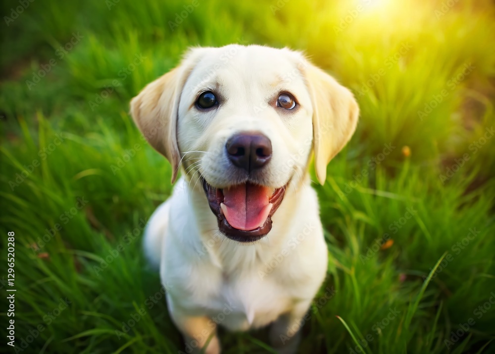 Happy Labrador Retriever Puppy Dog Smiling on Green Grass, Minimalist Pet Photography Happy Labrador Retriever Puppy Dog Smiling on Green Grass, Minimalist Pet Photography