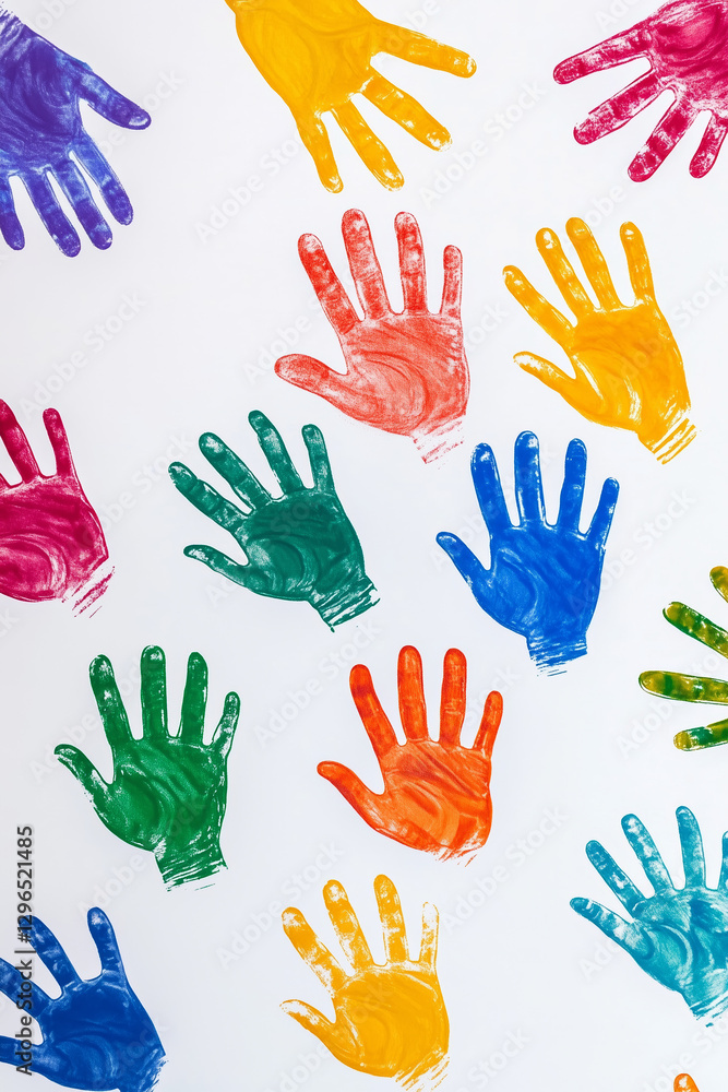 Fototapeta premium Different colorful hands prints on white background. Diversity and equality concept.