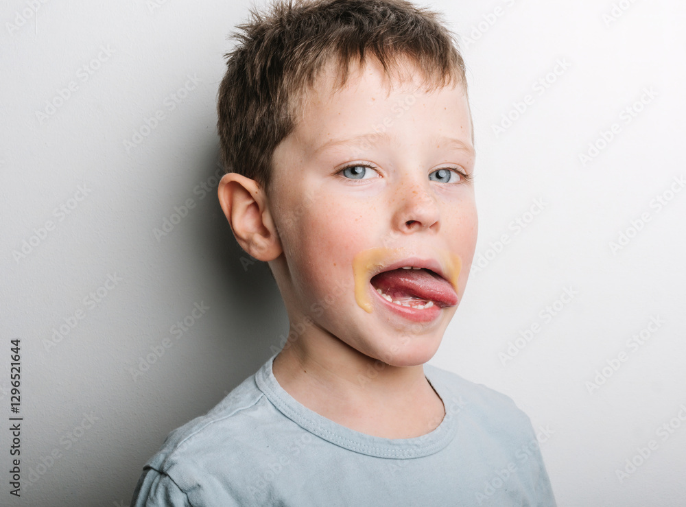 Playful child enjoying a sticky treat with joy and enthusiasm Playful child enjoying a sticky treat with joy and enthusiasm