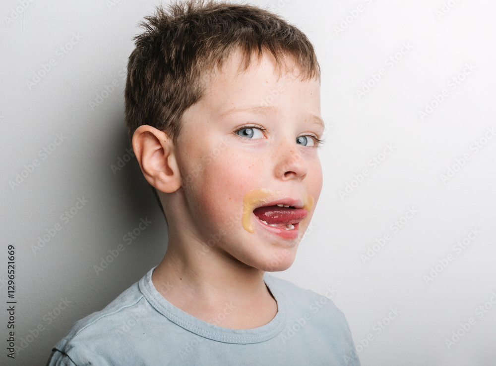 Young boy enjoys messy treat with playful expression on his face Young boy enjoys messy treat with playful expression on his face