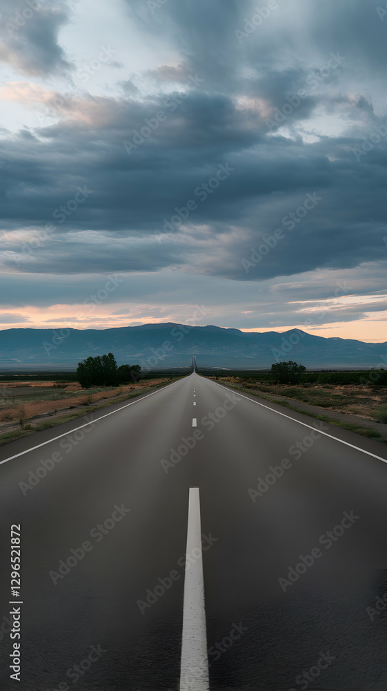 Naklejka premium A straight road stretching into the horizon under a dramatic stormy sky Vertical Mobile Wallpaper