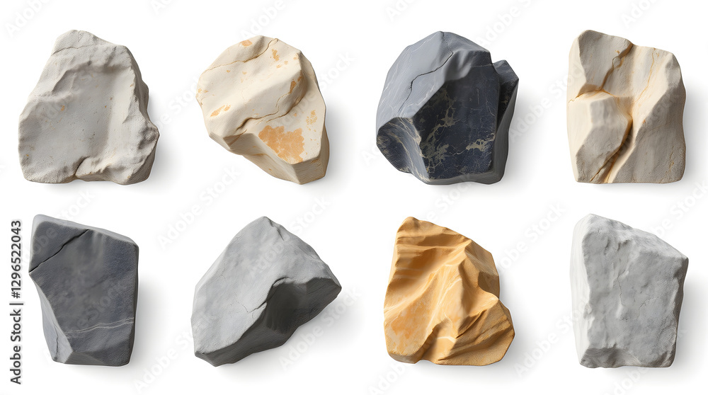 Naklejka premium Collection of eight various clay stones on white background