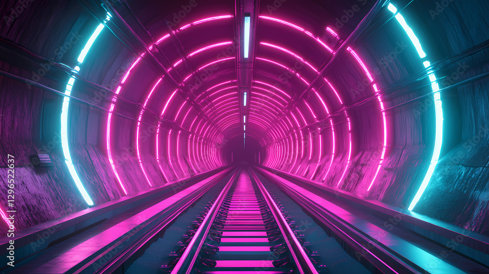 Underground railway tracks illuminated by neon pink and cyan lights. Neon Graffiti Cyberpunk Tunnel. Illustration Underground railway tracks illuminated by neon pink and cyan lights. Neon Graffiti Cyberpunk Tunnel. Illustration