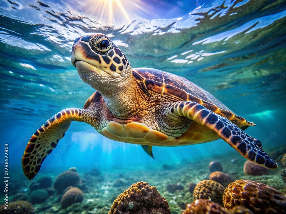 Fototapeta premium Hawksbill Sea Turtle (Eretmochelys imbricata) Underwater Portrait - Stunning Ocean Wildlife Stock Photo