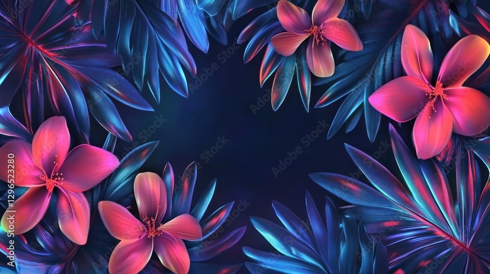 Fototapeta premium Tropical Flowers and Leaves with Neon Lighting for Modern Decoration